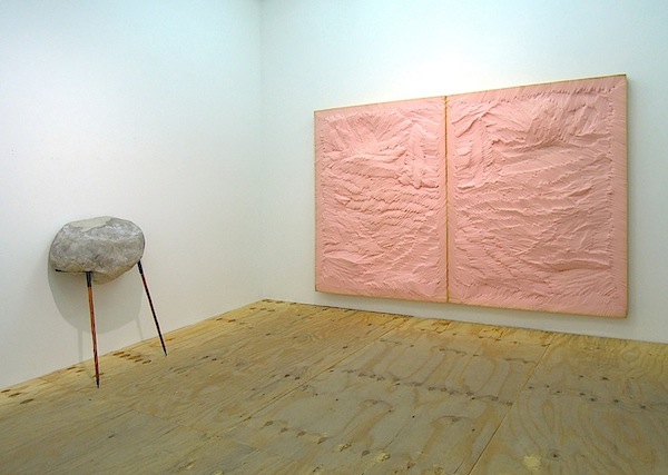 Claudia Piepenbrock: gravitation, 2014, paper-mÃ¢chÃ©, metal, walking sticks, 120 x 70 x 60 cm [left]; 
Mattress, 2015, foam, 200 x 280 x 10 cm [right] /Courtesy Josef Filipp Galerie